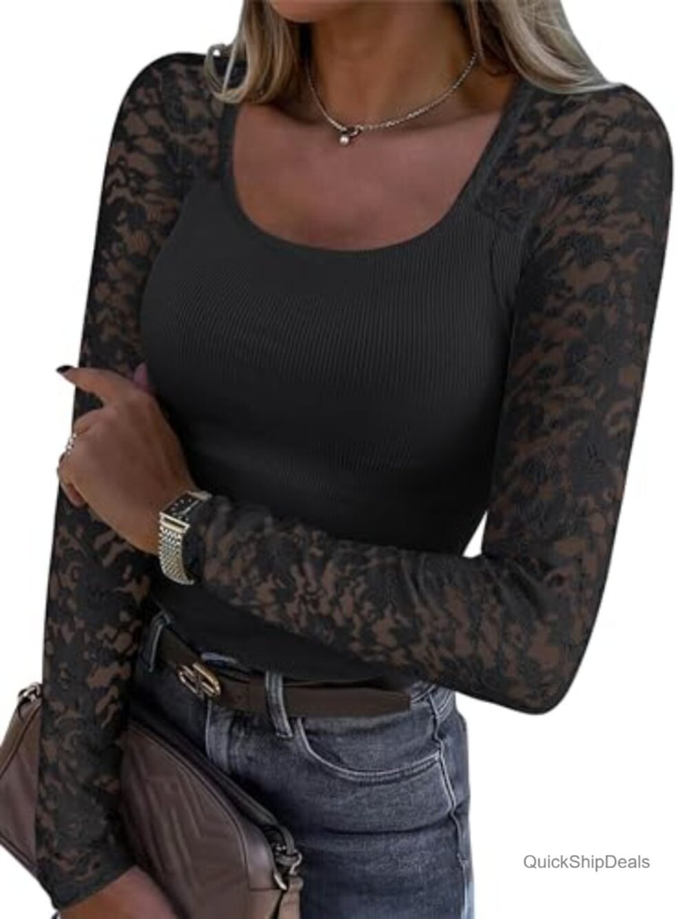 Slim Fit Lace Long Sleeve Scoop Neck Blouse